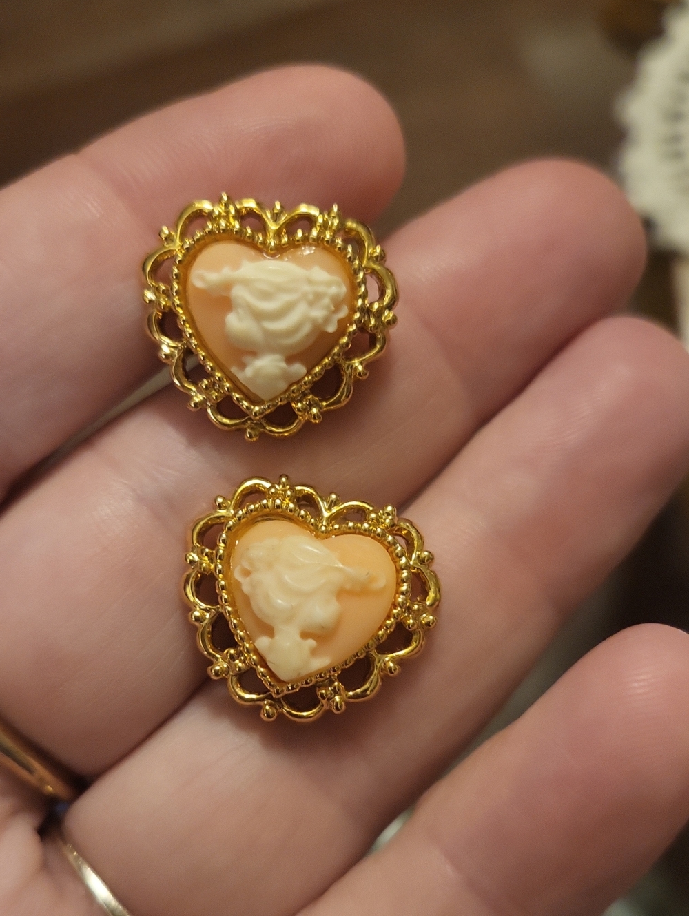 Gold-Tone Heart Cameo Earrings in Peach and Cream Precious Moments